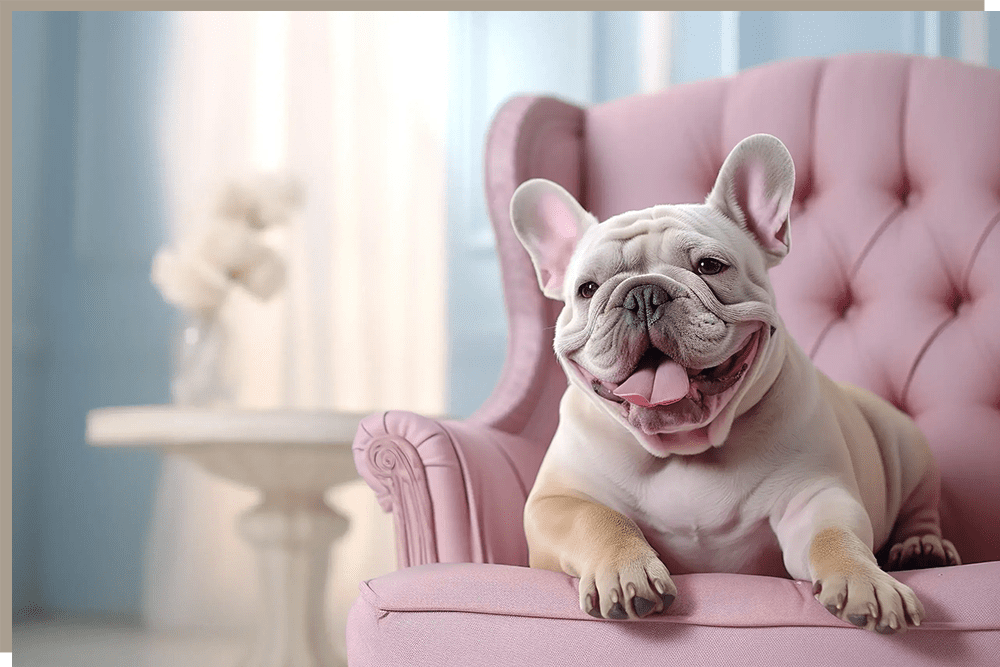 A dog sitting on top of a pink chair.